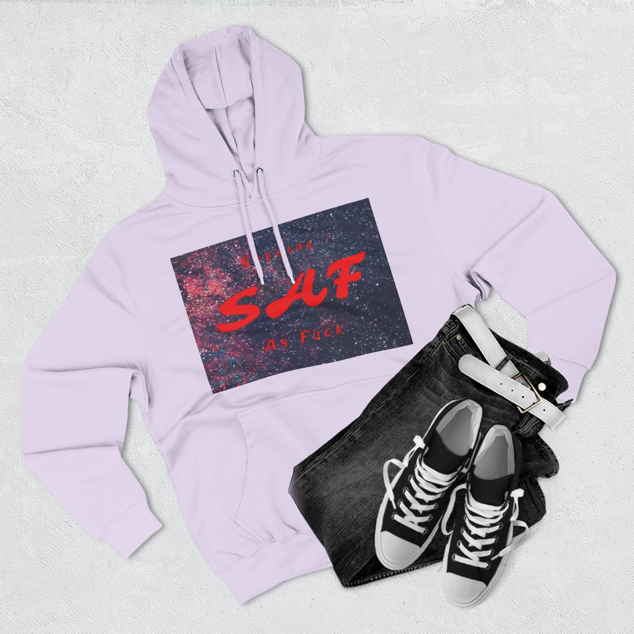 SAF Galaxy Panel Hoodie — Graphic Fleece Pullover with Red Script