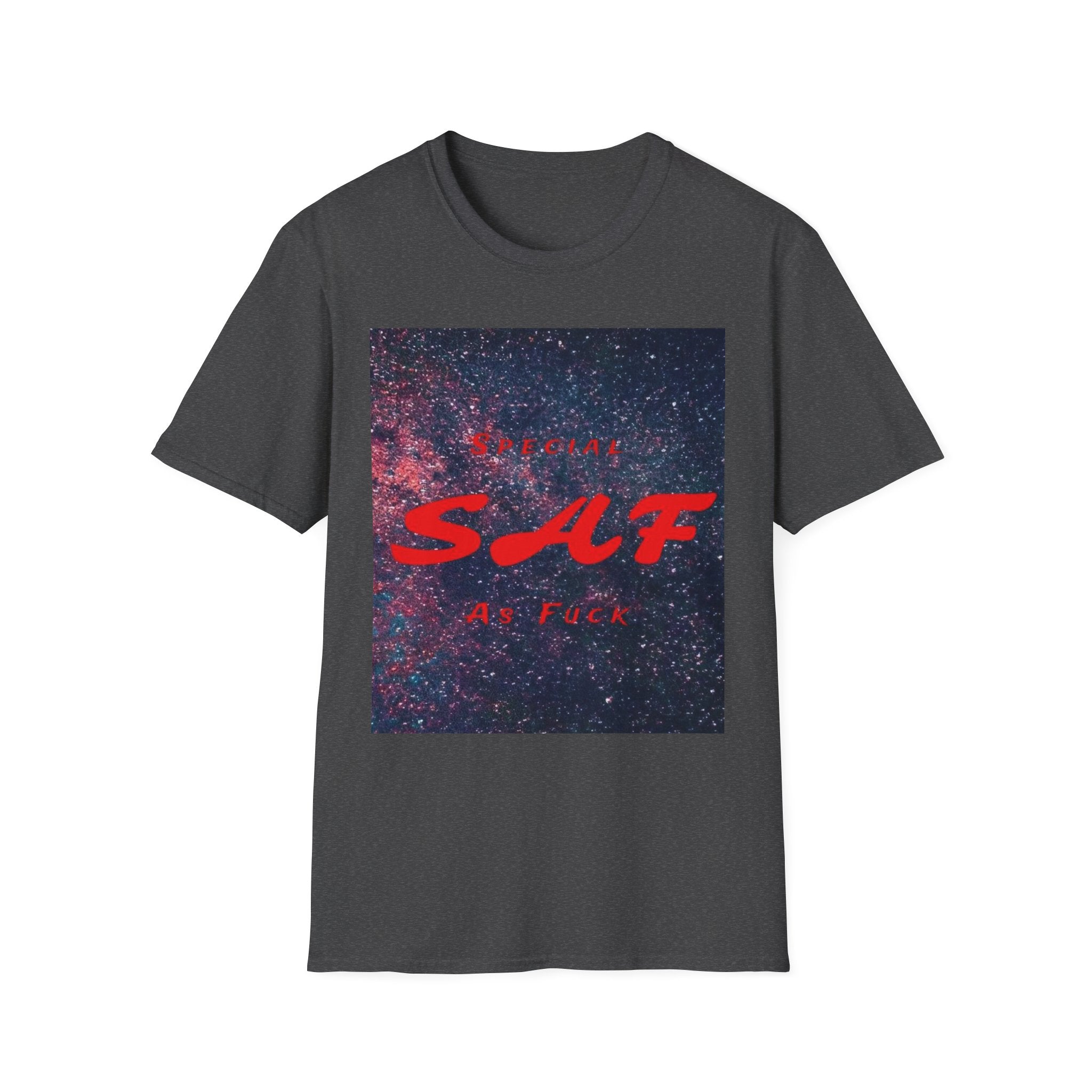 SAF Red Script Galaxy T-Shirt — Space Graphic Tee with 'SAF' Design