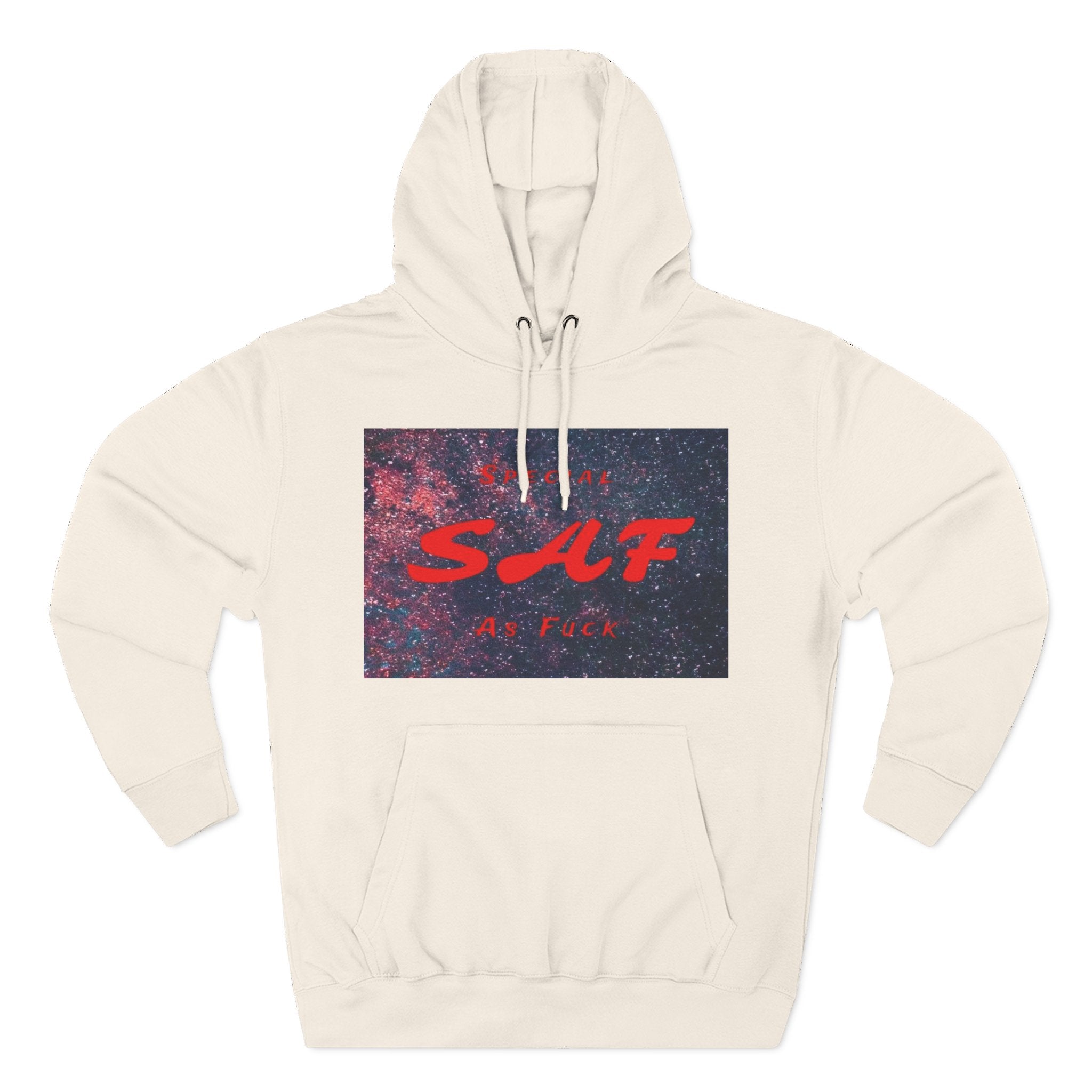 SAF Galaxy Panel Hoodie — Graphic Fleece Pullover with Red Script