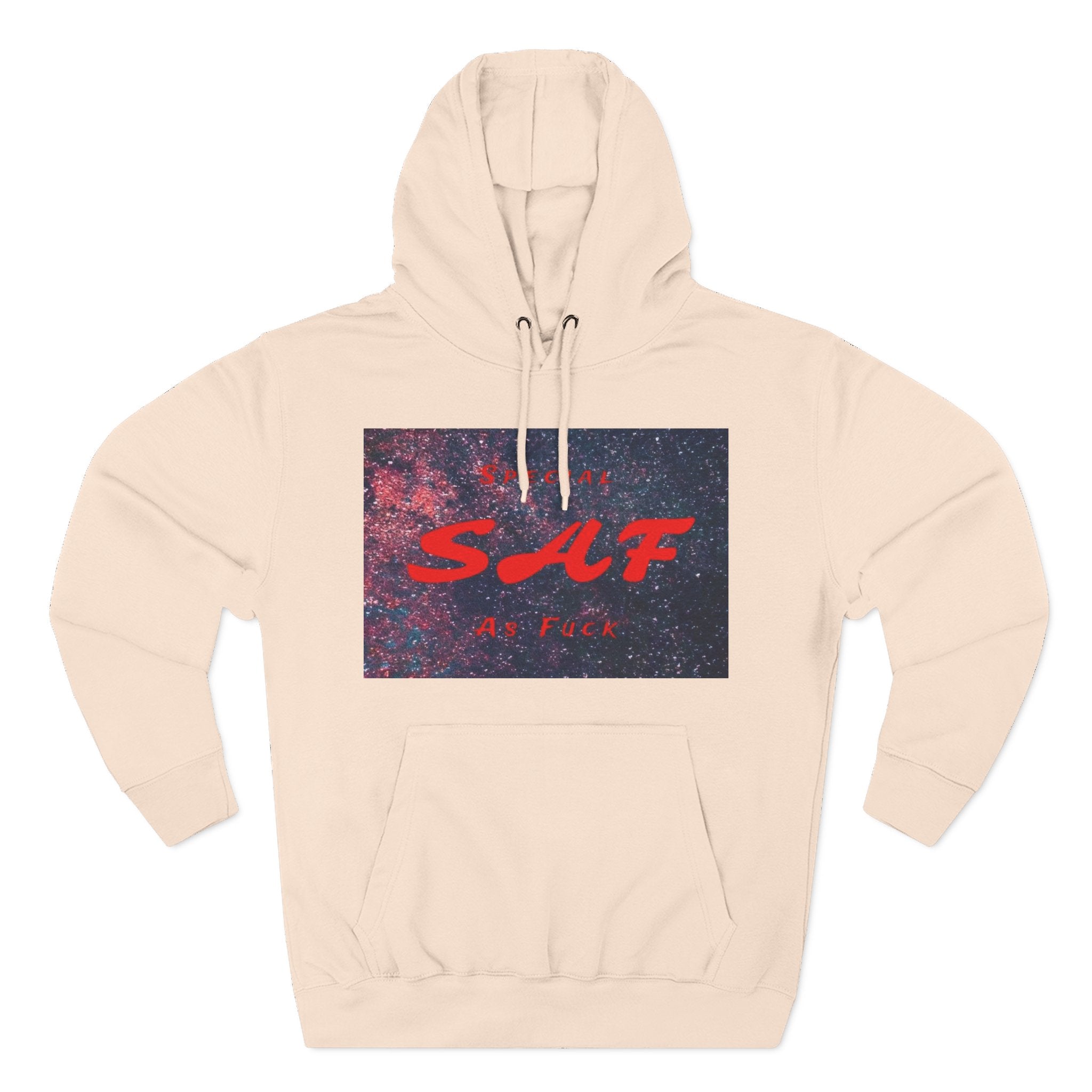 SAF Galaxy Panel Hoodie — Graphic Fleece Pullover with Red Script