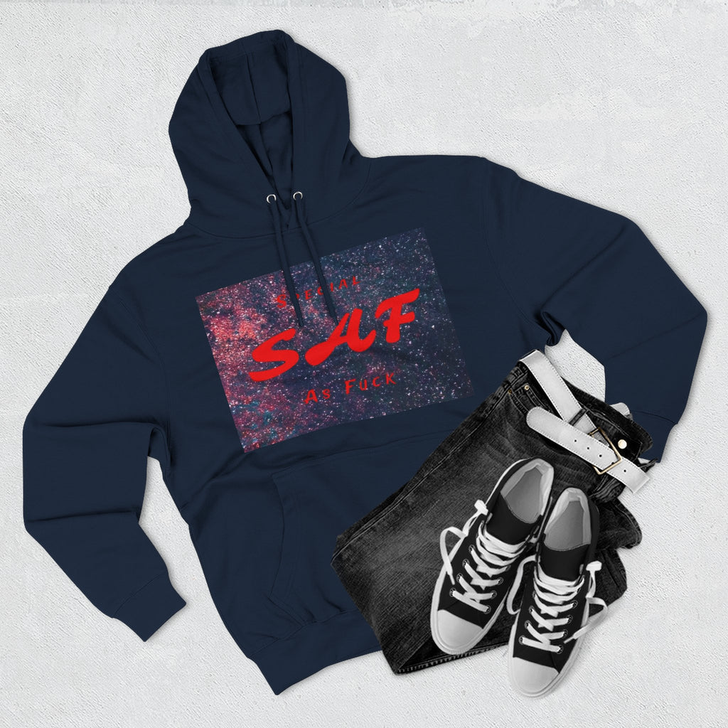 SAF Galaxy Panel Hoodie — Graphic Fleece Pullover with Red Script