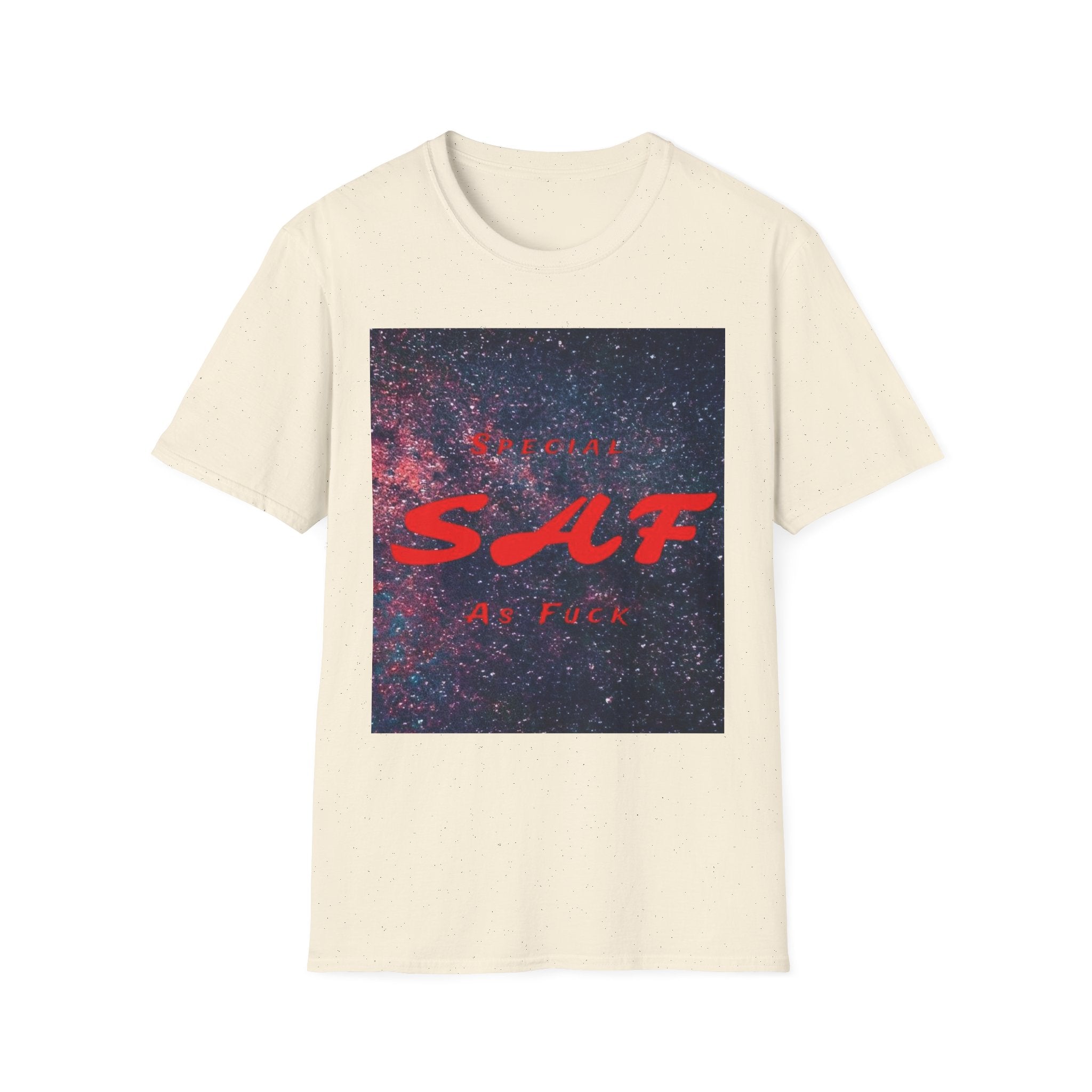 SAF Red Script Galaxy T-Shirt — Space Graphic Tee with 'SAF' Design
