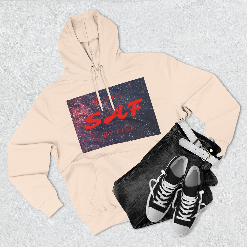 SAF Galaxy Panel Hoodie — Graphic Fleece Pullover with Red Script