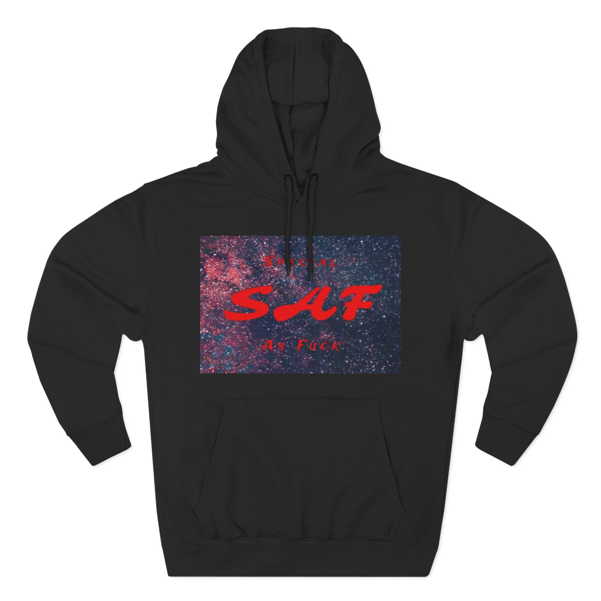SAF Galaxy Panel Hoodie — Graphic Fleece Pullover with Red Script