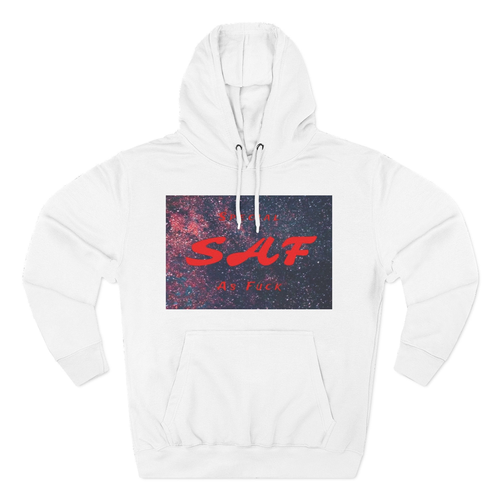 SAF Galaxy Panel Hoodie — Graphic Fleece Pullover with Red Script