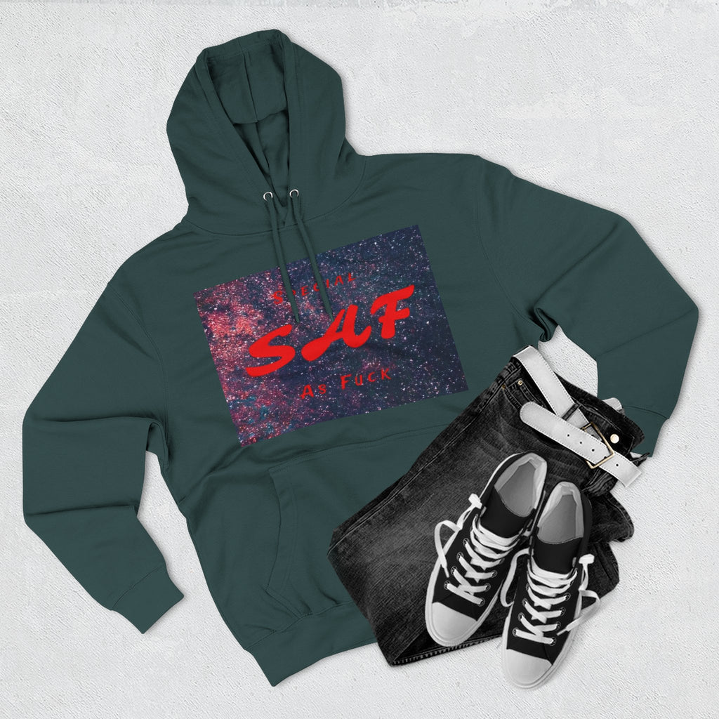 SAF Galaxy Panel Hoodie — Graphic Fleece Pullover with Red Script