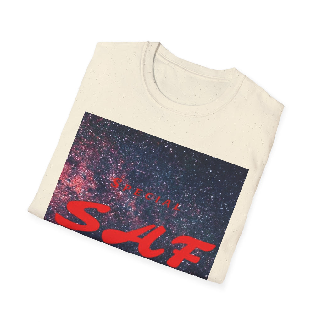 SAF Red Script Galaxy T-Shirt — Space Graphic Tee with 'SAF' Design