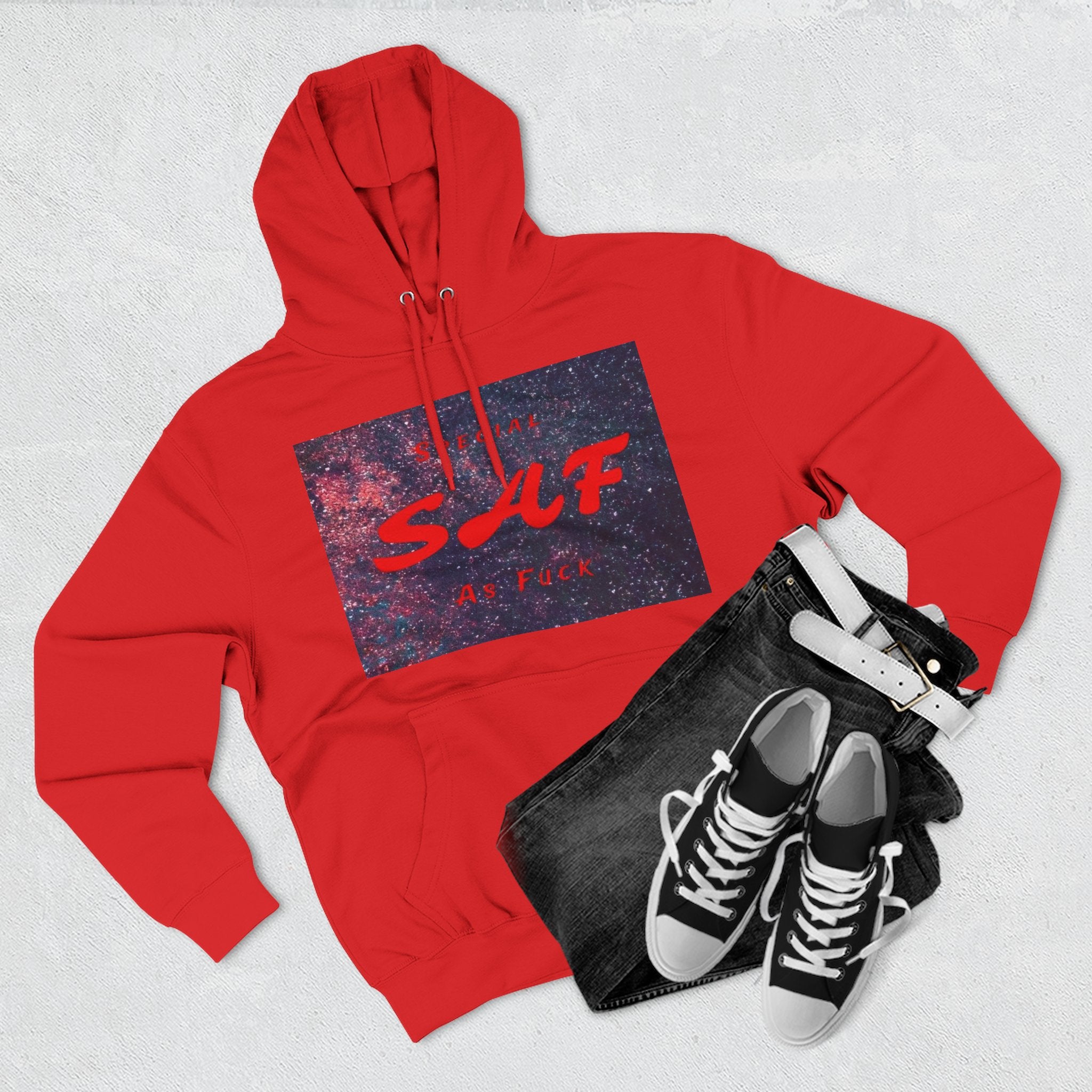 SAF Galaxy Panel Hoodie — Graphic Fleece Pullover with Red Script