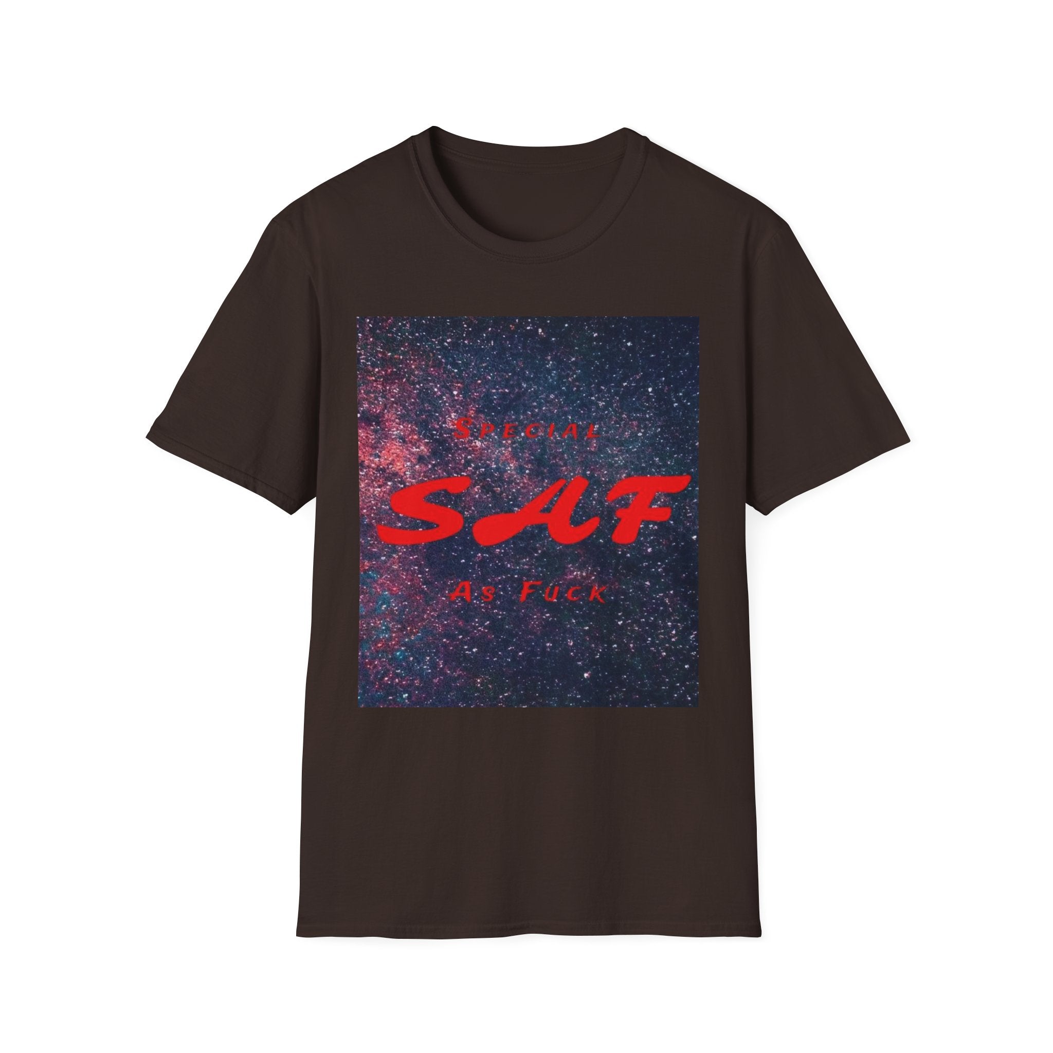 SAF Red Script Galaxy T-Shirt — Space Graphic Tee with 'SAF' Design