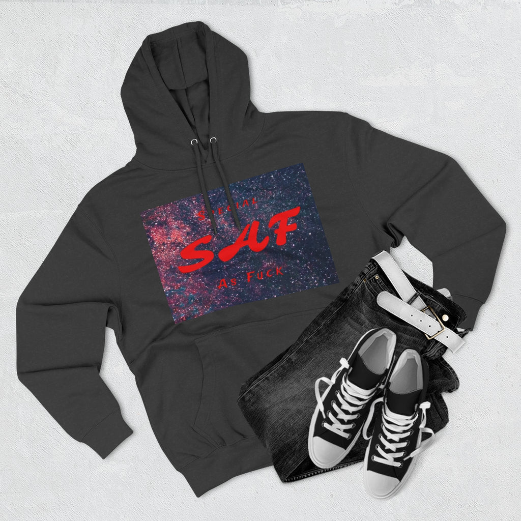 SAF Galaxy Panel Hoodie — Graphic Fleece Pullover with Red Script