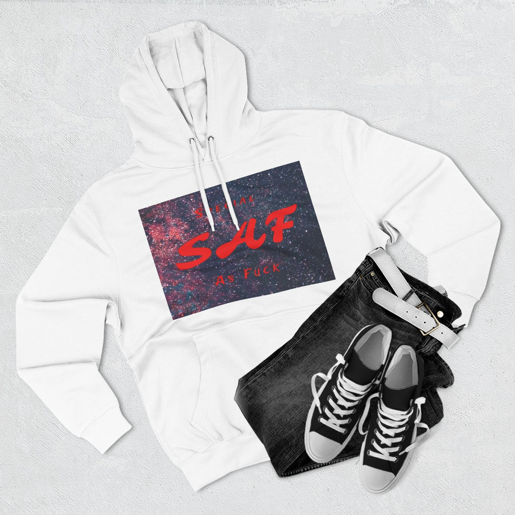 SAF Galaxy Panel Hoodie — Graphic Fleece Pullover with Red Script