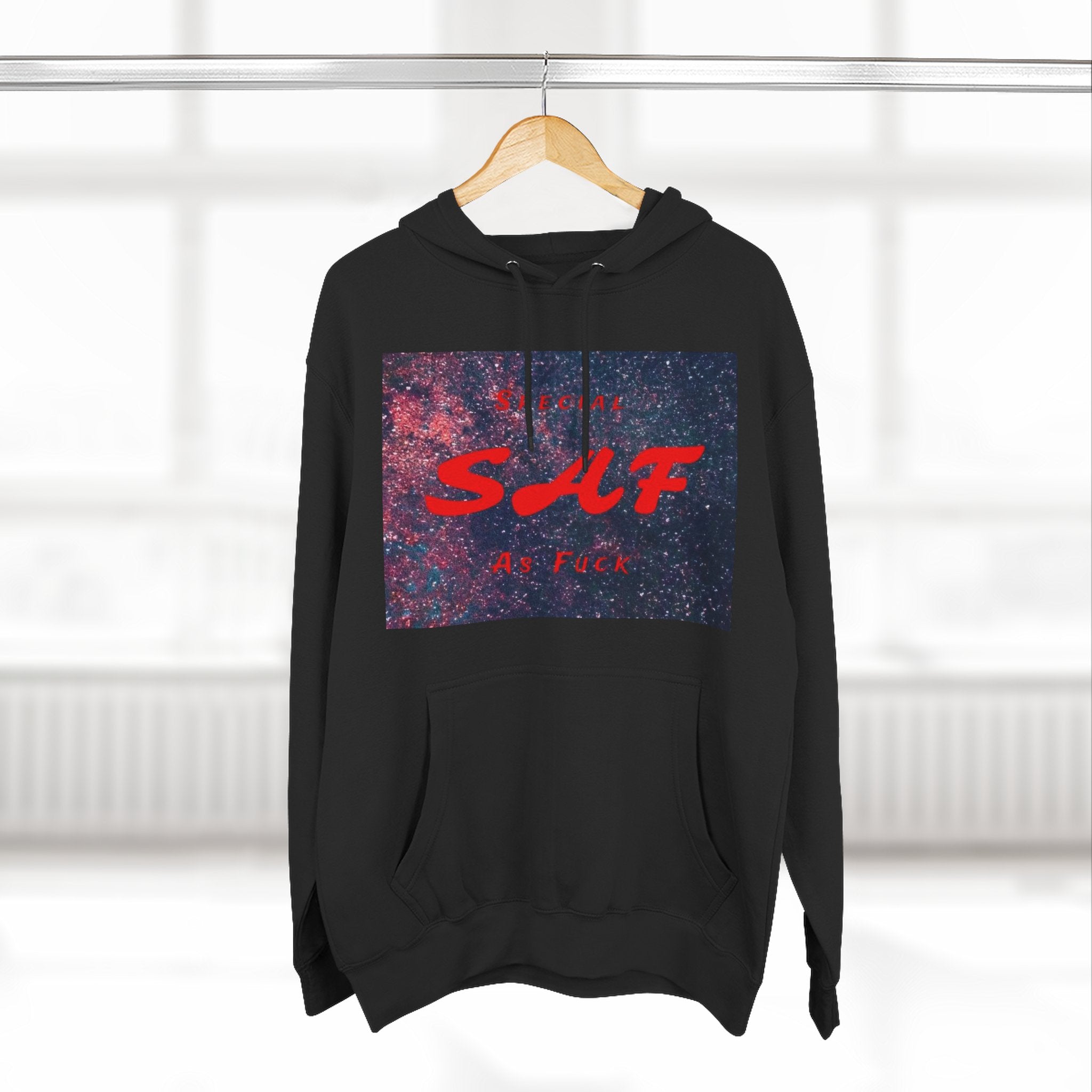 SAF Galaxy Panel Hoodie — Graphic Fleece Pullover with Red Script