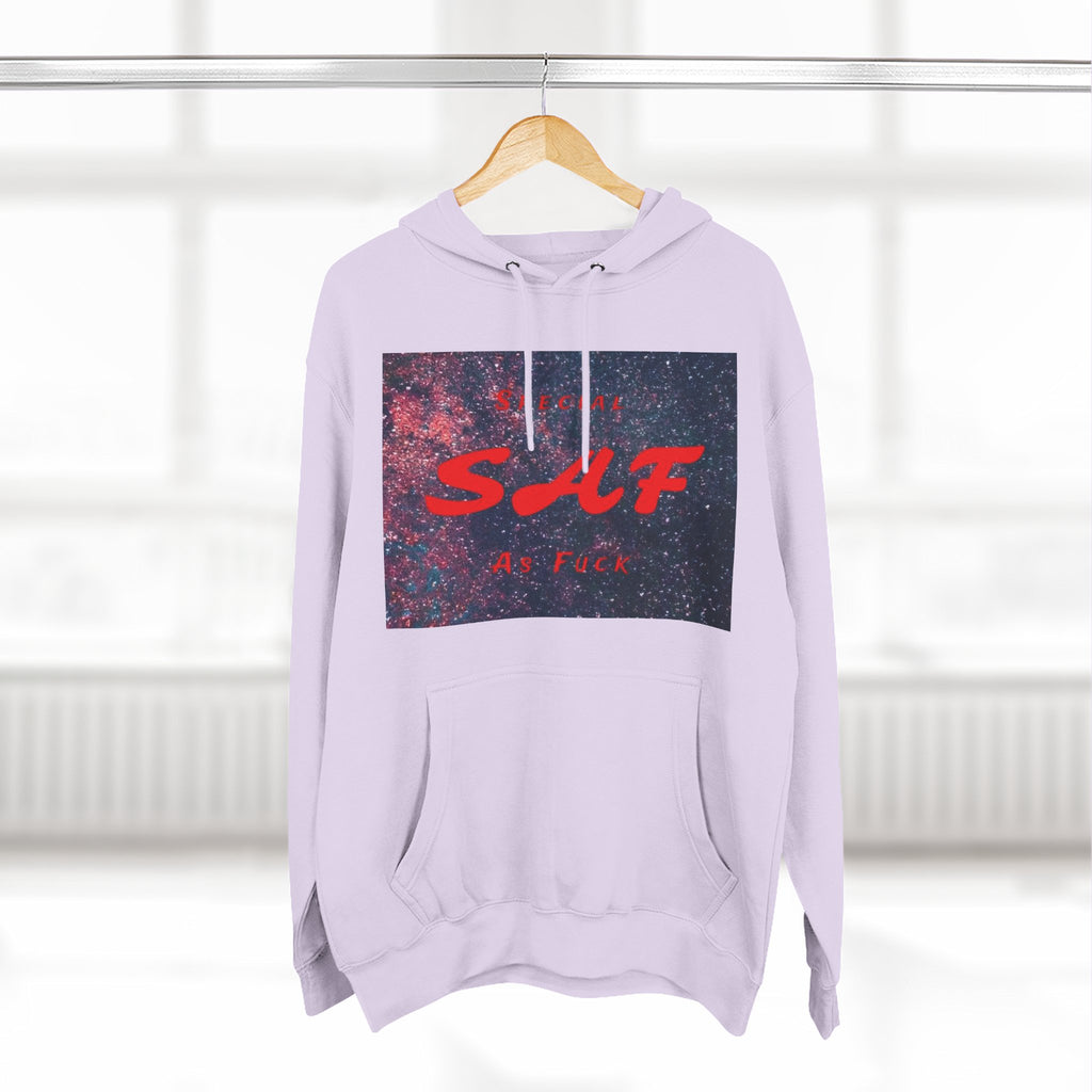 SAF Galaxy Panel Hoodie — Graphic Fleece Pullover with Red Script