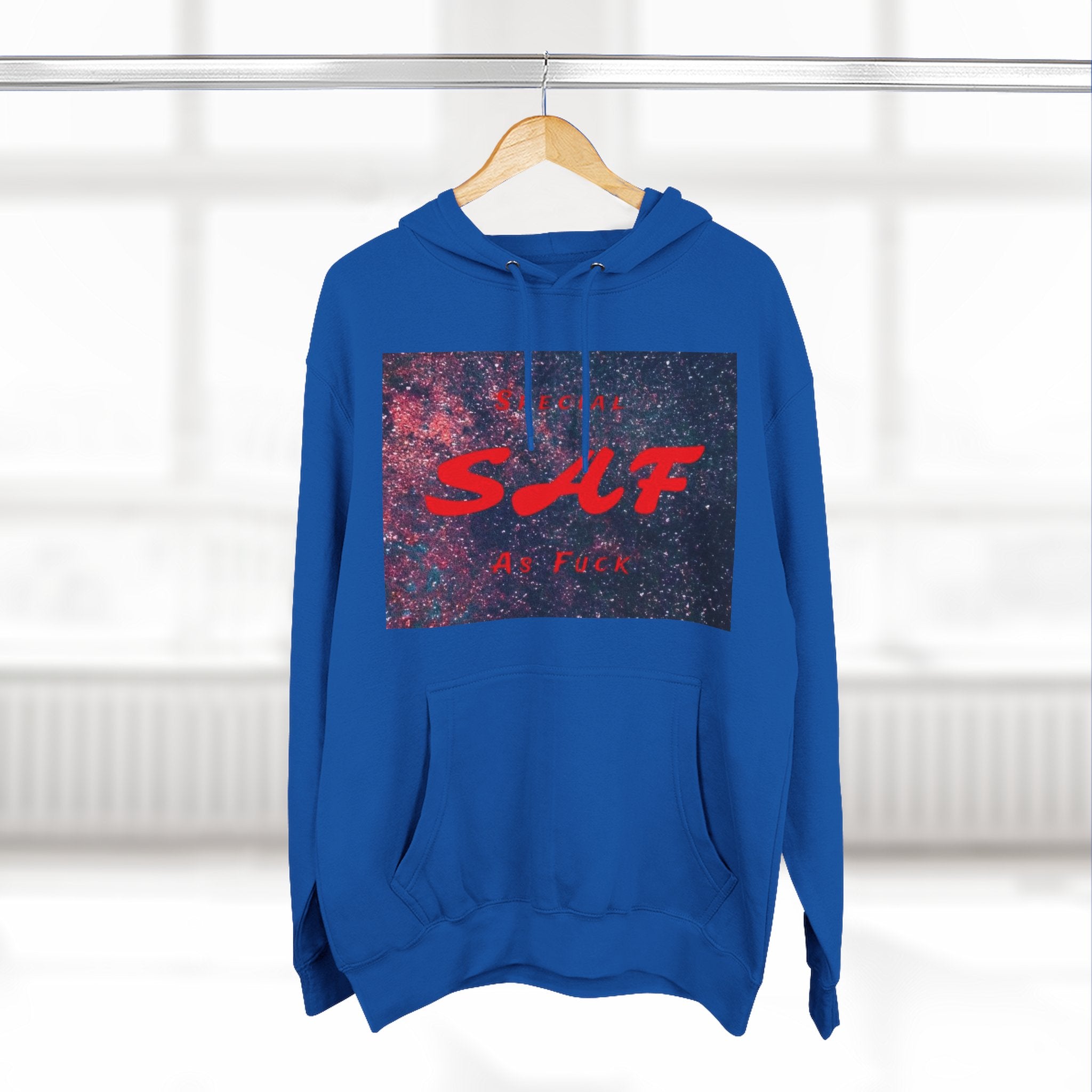 SAF Galaxy Panel Hoodie — Graphic Fleece Pullover with Red Script