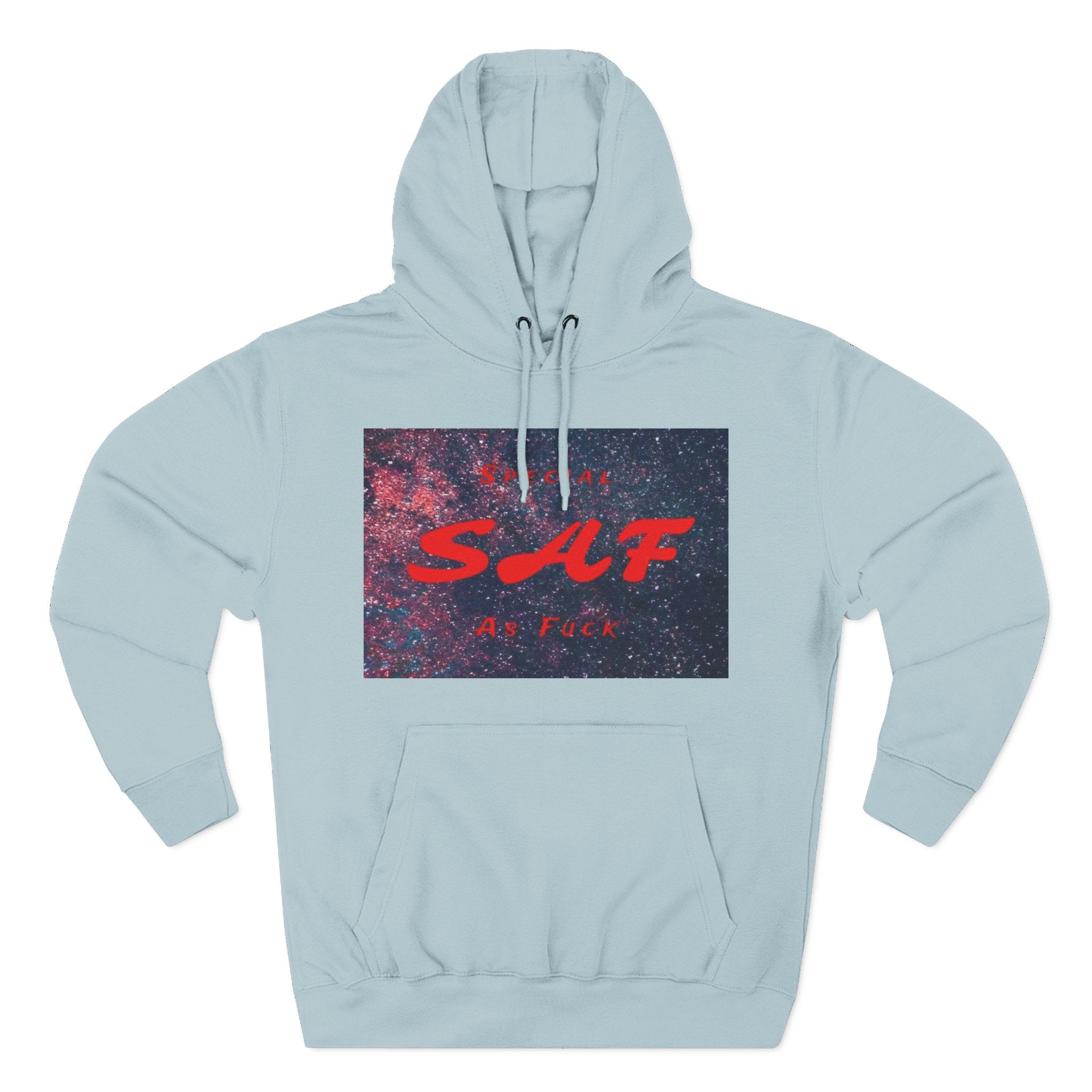 SAF Galaxy Panel Hoodie — Graphic Fleece Pullover with Red Script