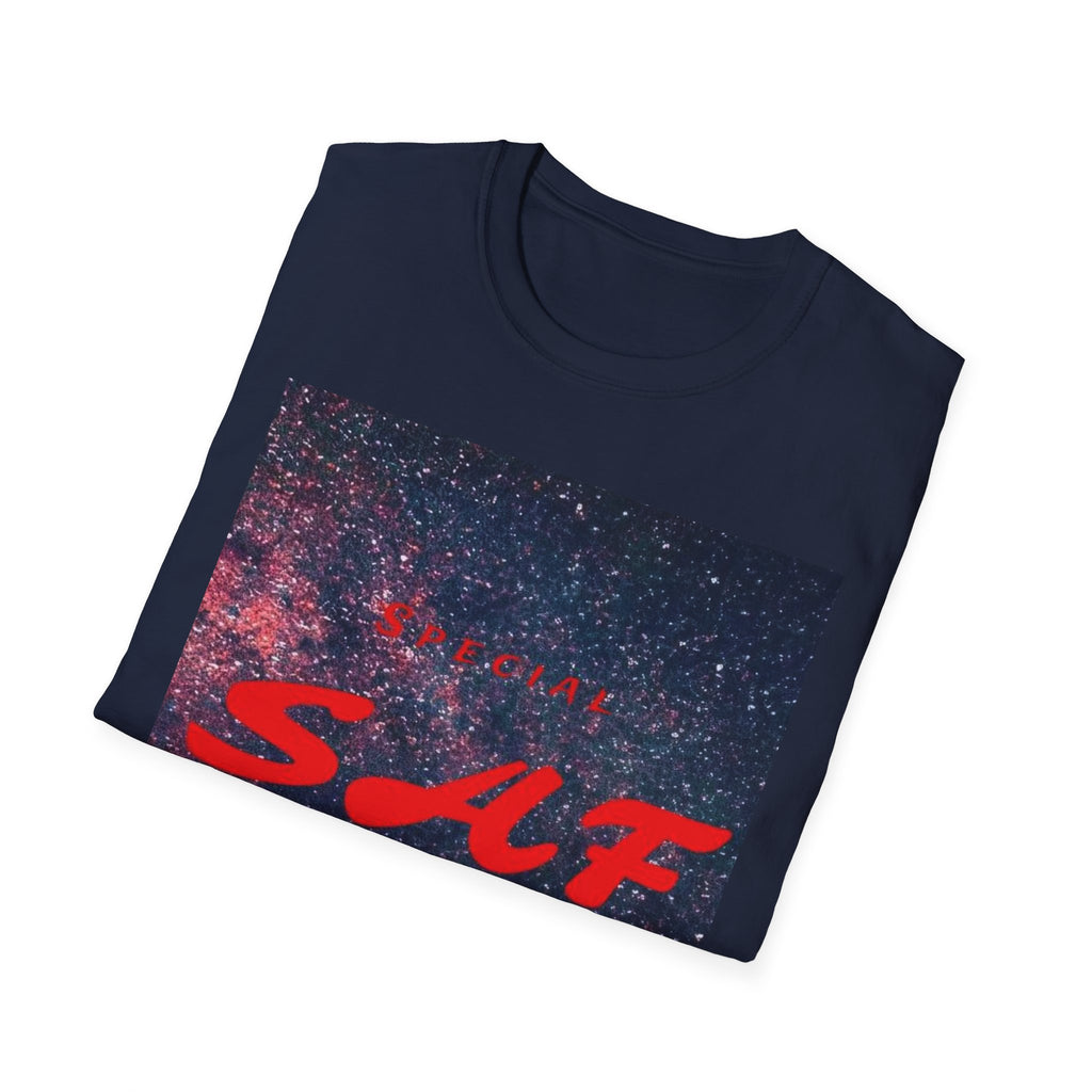 SAF Red Script Galaxy T-Shirt — Space Graphic Tee with 'SAF' Design