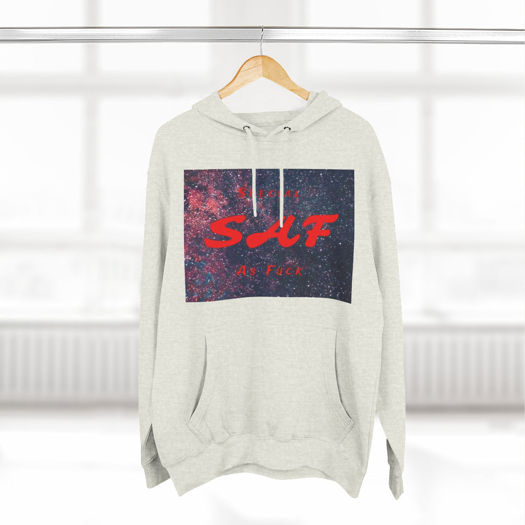 SAF Galaxy Panel Hoodie — Graphic Fleece Pullover with Red Script