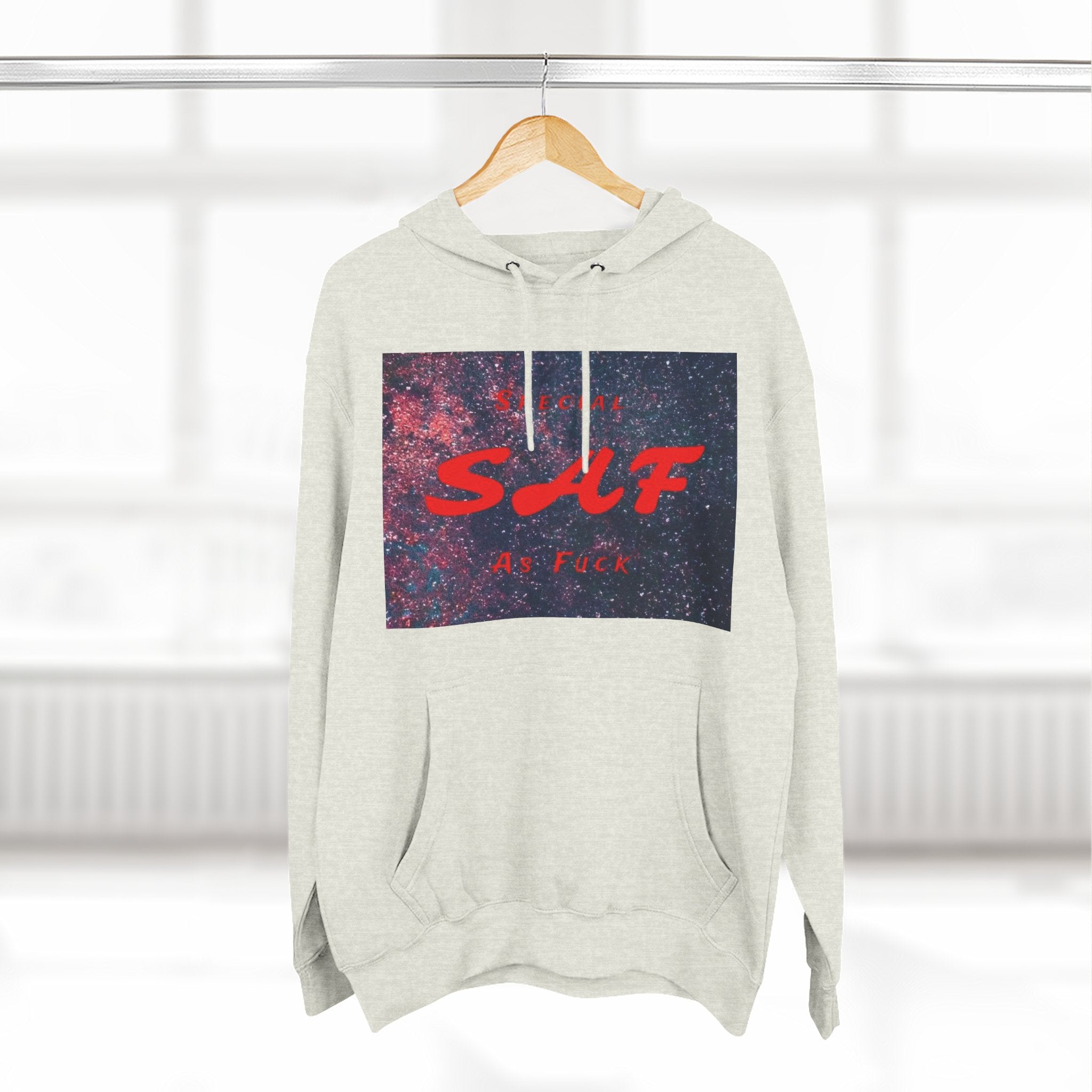 SAF Galaxy Panel Hoodie — Graphic Fleece Pullover with Red Script