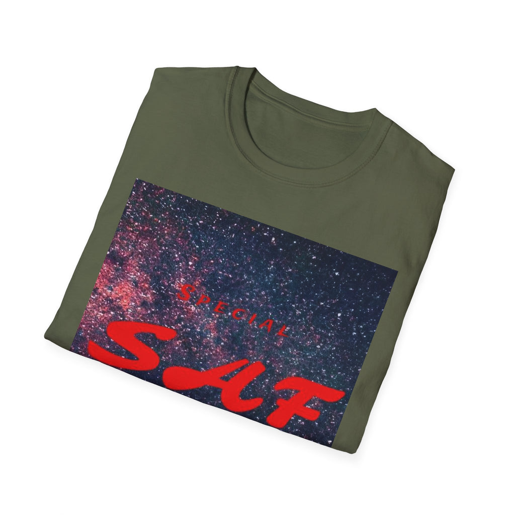 SAF Red Script Galaxy T-Shirt — Space Graphic Tee with 'SAF' Design